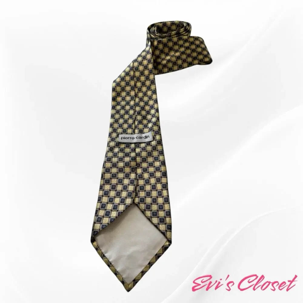 Vintage Pierre Cardin Men’s Tie, Gold w/ Blue Geometric Pattern 100% Silk